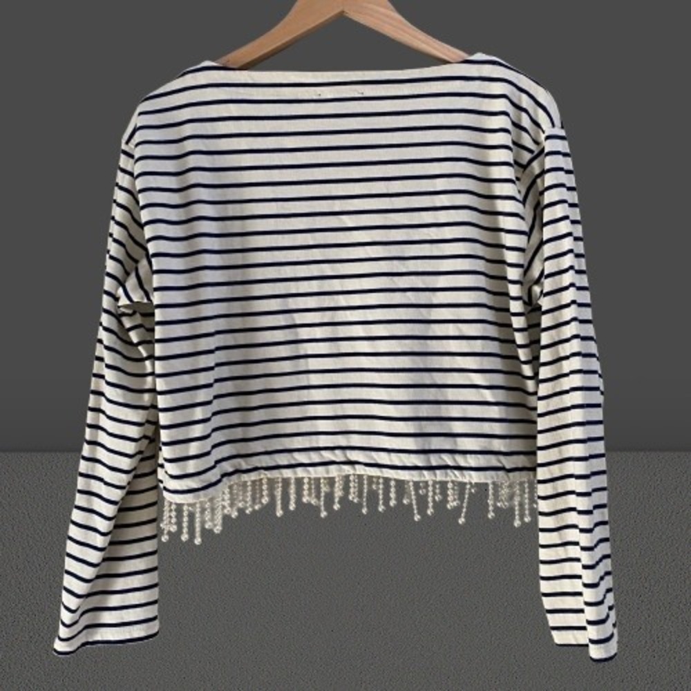 J. Crew Terry Top Striped Cropped Pearl Fringe Medium - Picture 2 of 4